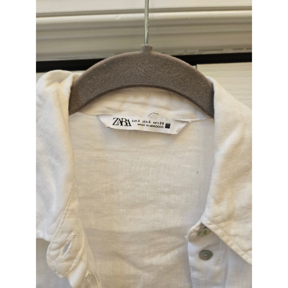 Zara Womens White Linen Tie Front Cropped Button Down Shirt Small Pockets